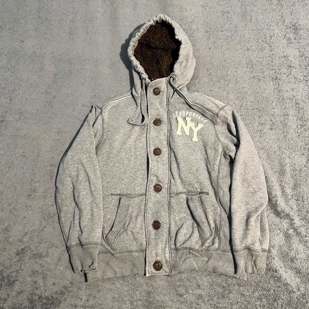 Vintage Y2K Aeropostale Mens Sherpa Lined Full Zip Hoodie Gray Button Size Small